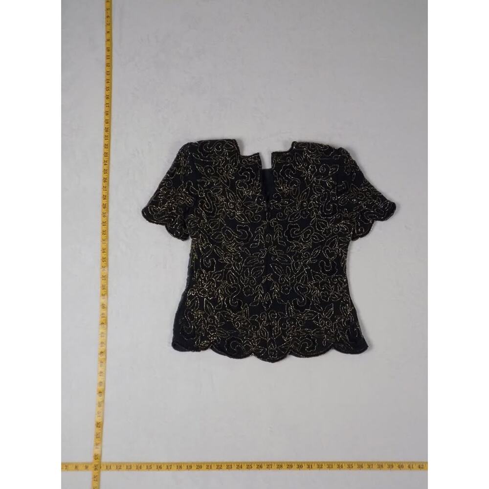 Stenay Vintage Beaded Evening Top Green Gold Floral Scalloped Blouse Womens L‎